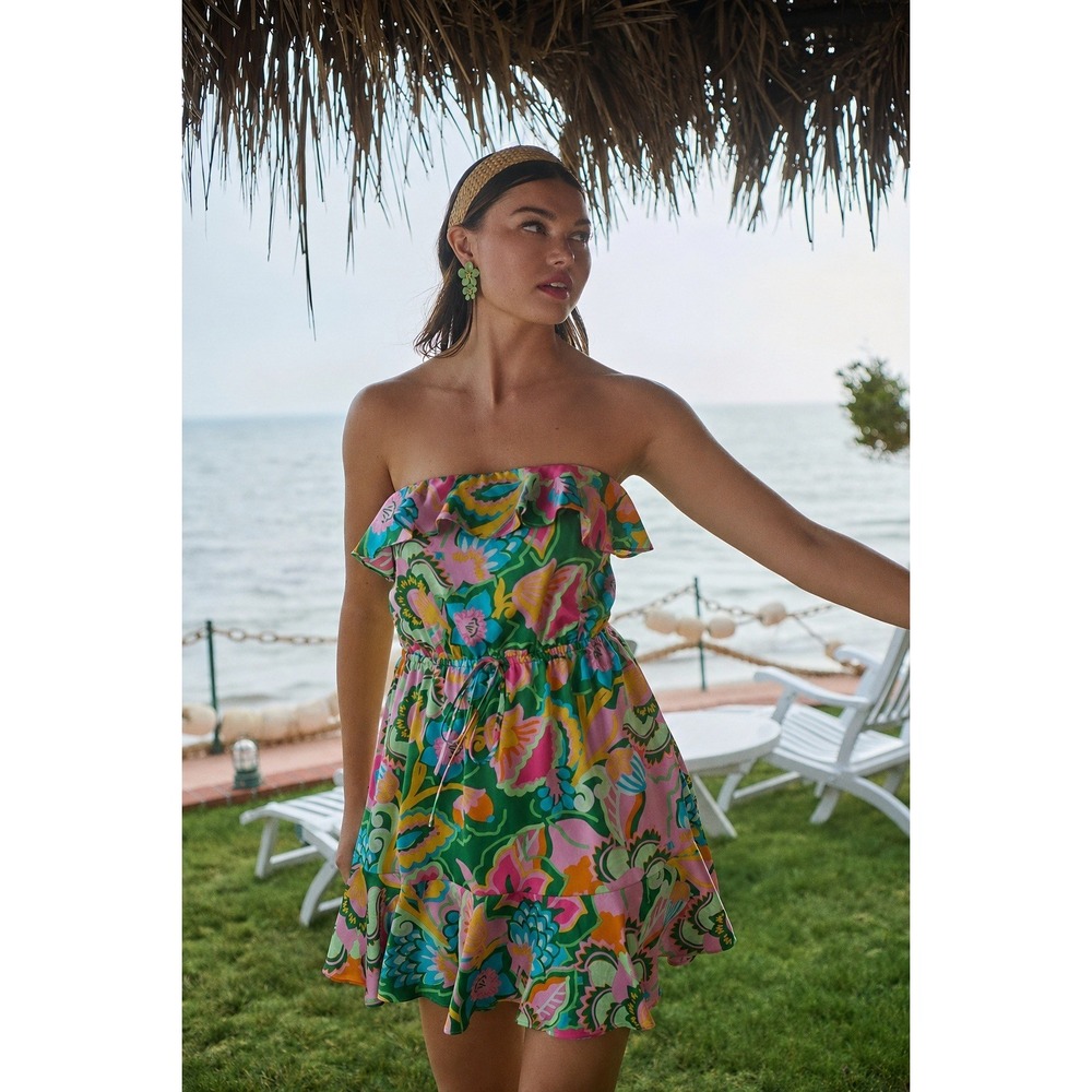 Sugarlips Lanai Multi Tropics Banjo Mini Dress Small Ruffled Strapless Floral